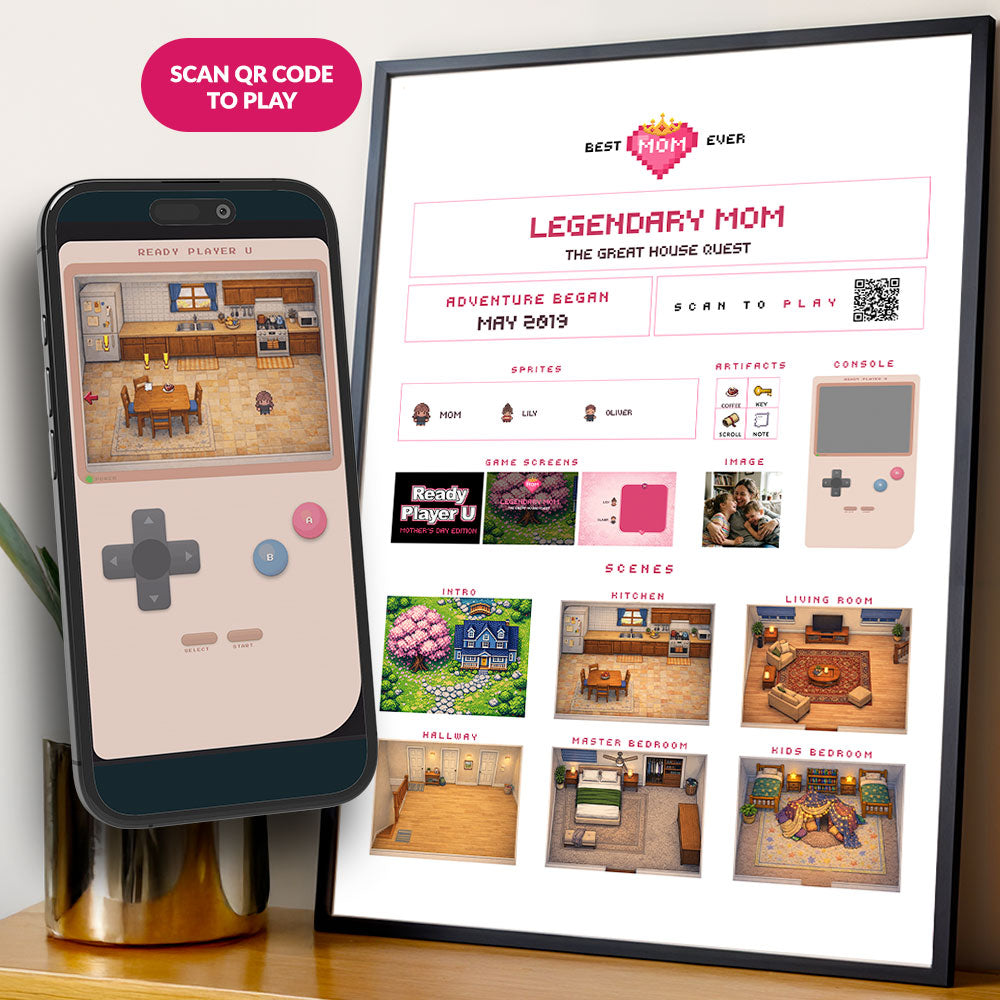 Legendary Mom retro game on phone with framed print poster