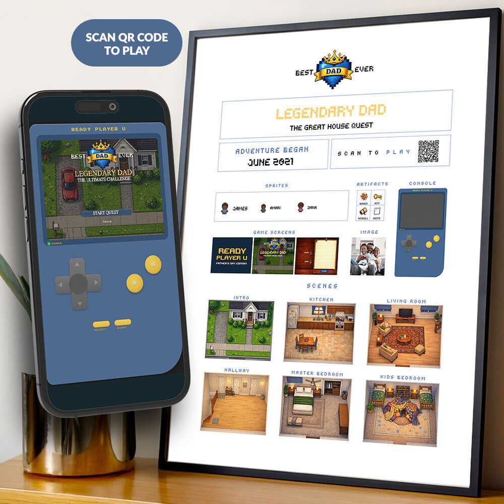 Legendary Dad retro game on phone with framed print poster